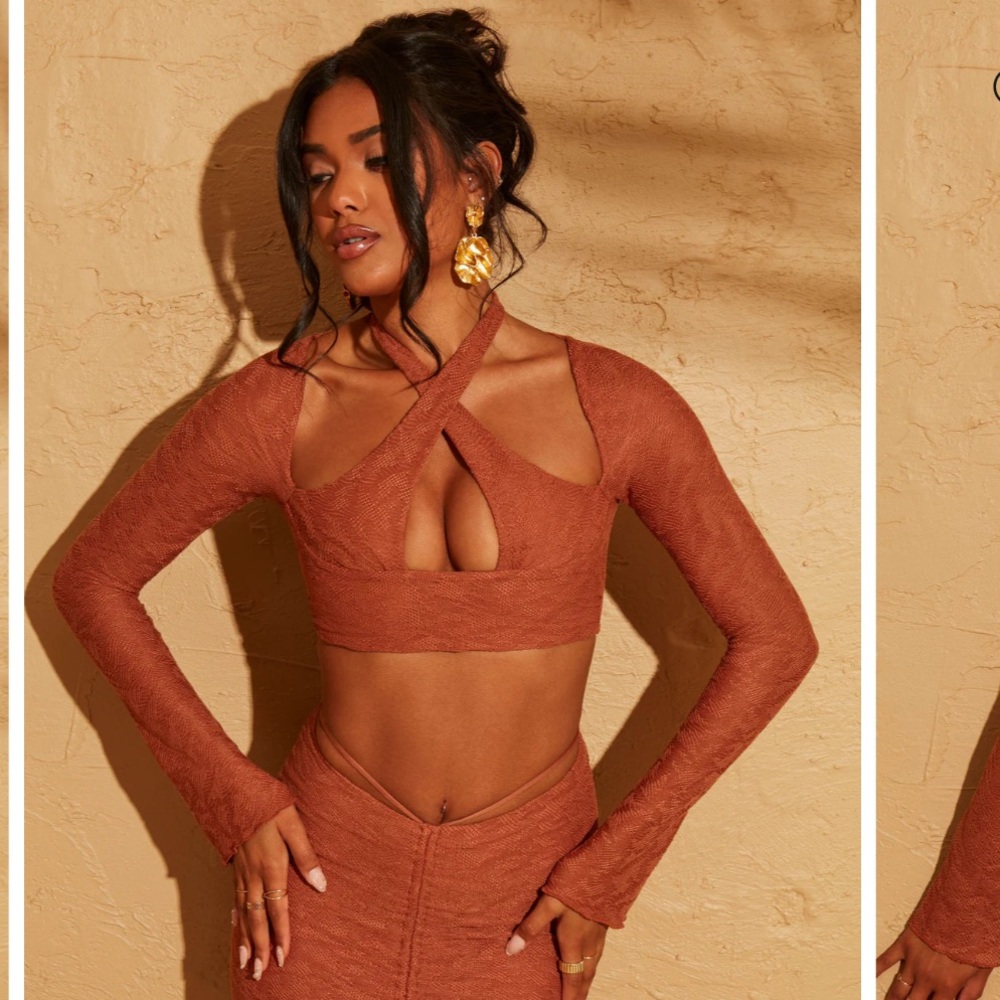 New Oh Polly Oryx Halter Crop Long Sleeve Top in Rust